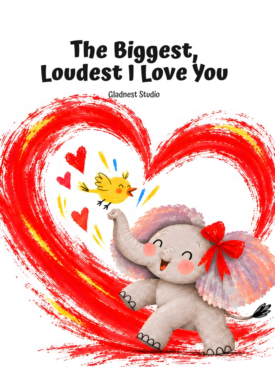 Portada de The Biggest, Loudest I Love You: la elefantita Tula y el pajarito amarillo Dot dentro de un gran corazón rojo pintado