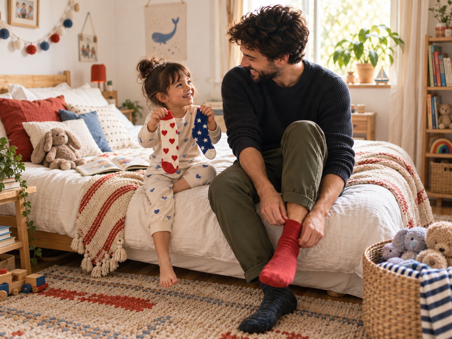 Dad helping his daughter with her socks