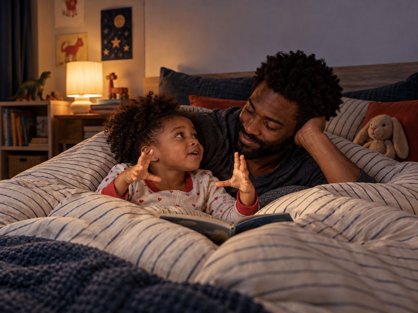 A parent reading a bedtime story to a child
