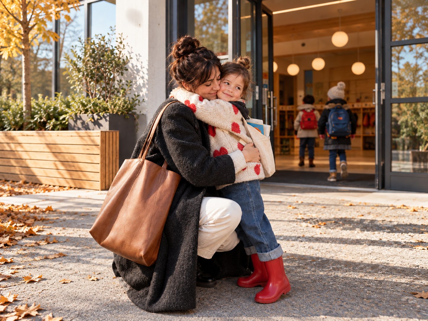 Mother hugging her child at school drop-off