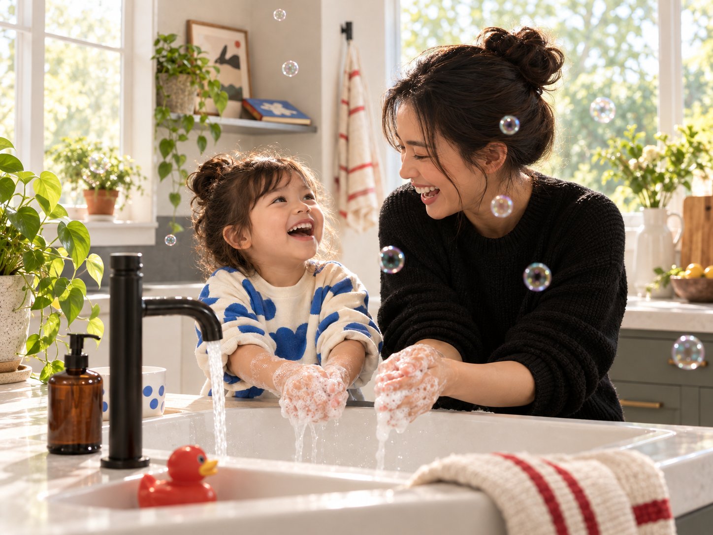 Parent and child washing hands together