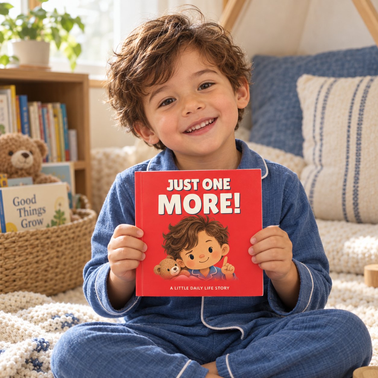 A smiling child holding a Gladnest book