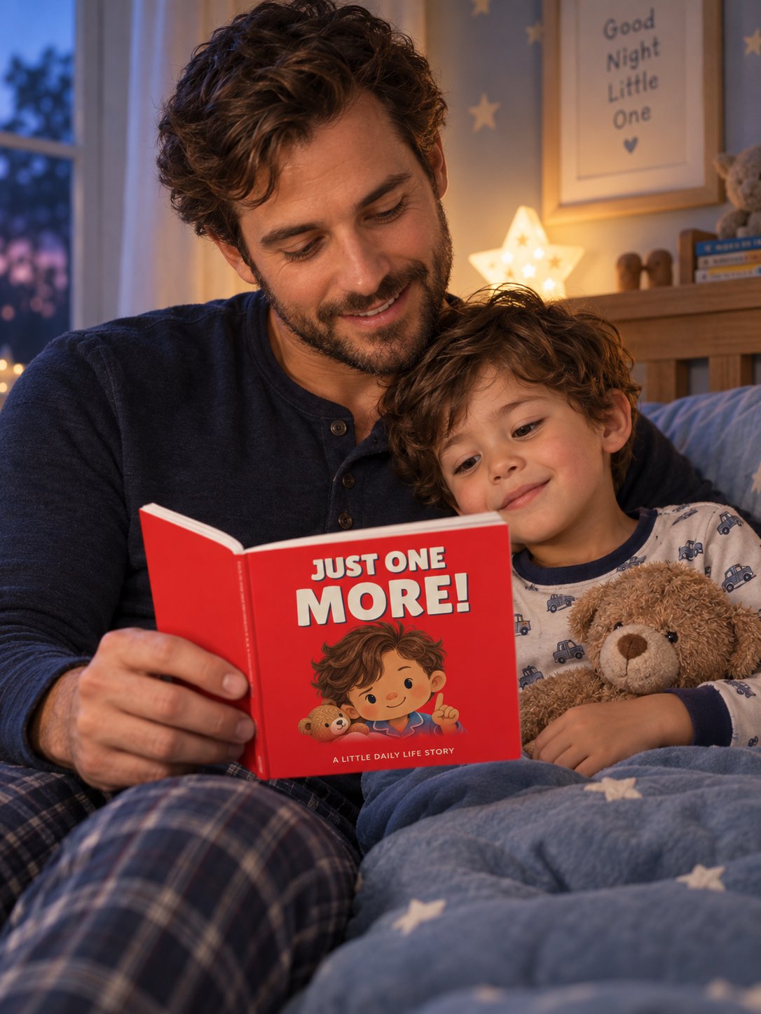 Dad and child reading together in bed