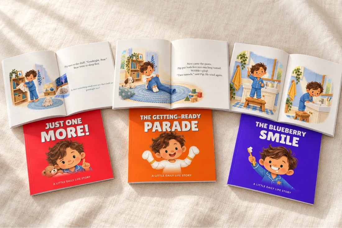 The three books lying open to show their illustrated pages