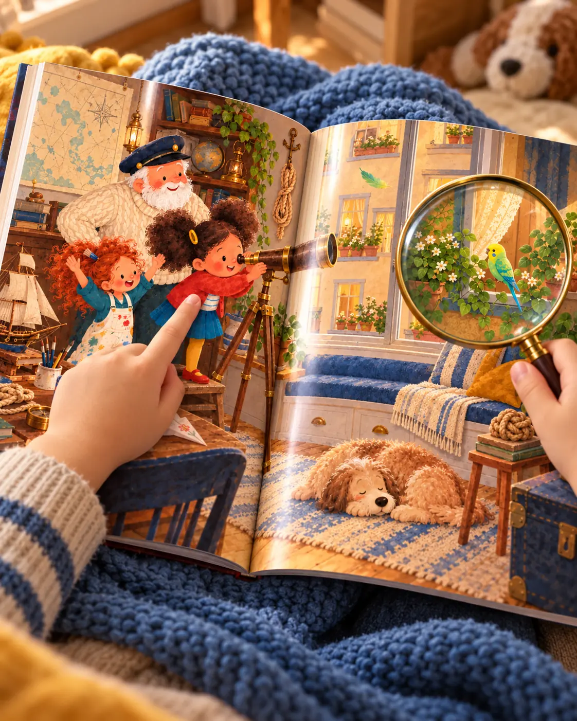 A magnifying glass over a busy page of the book