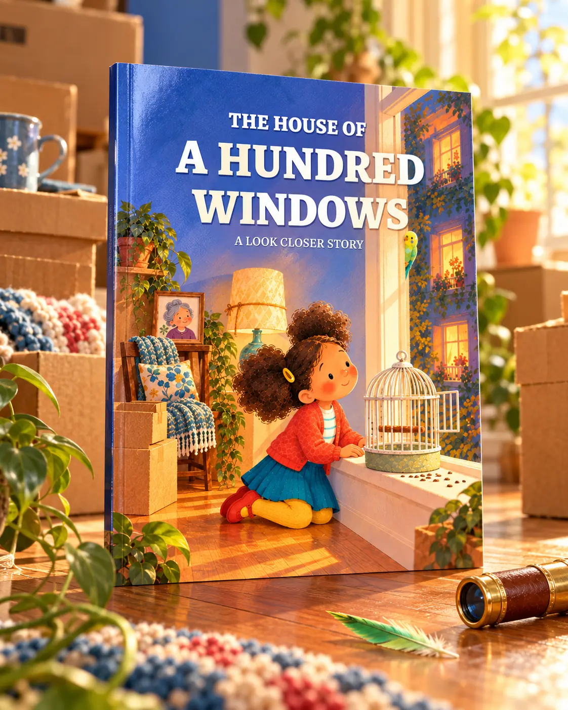The book among moving boxes, a birdcage and a brass telescope