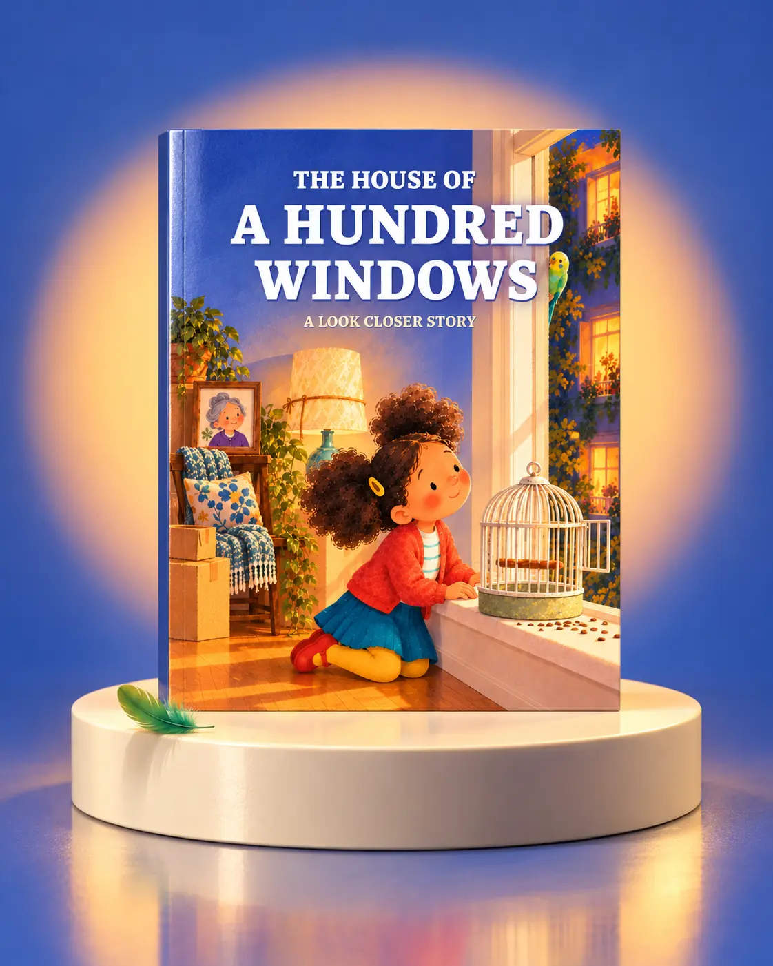 The House of a Hundred Windows on a round pedestal against a periwinkle background