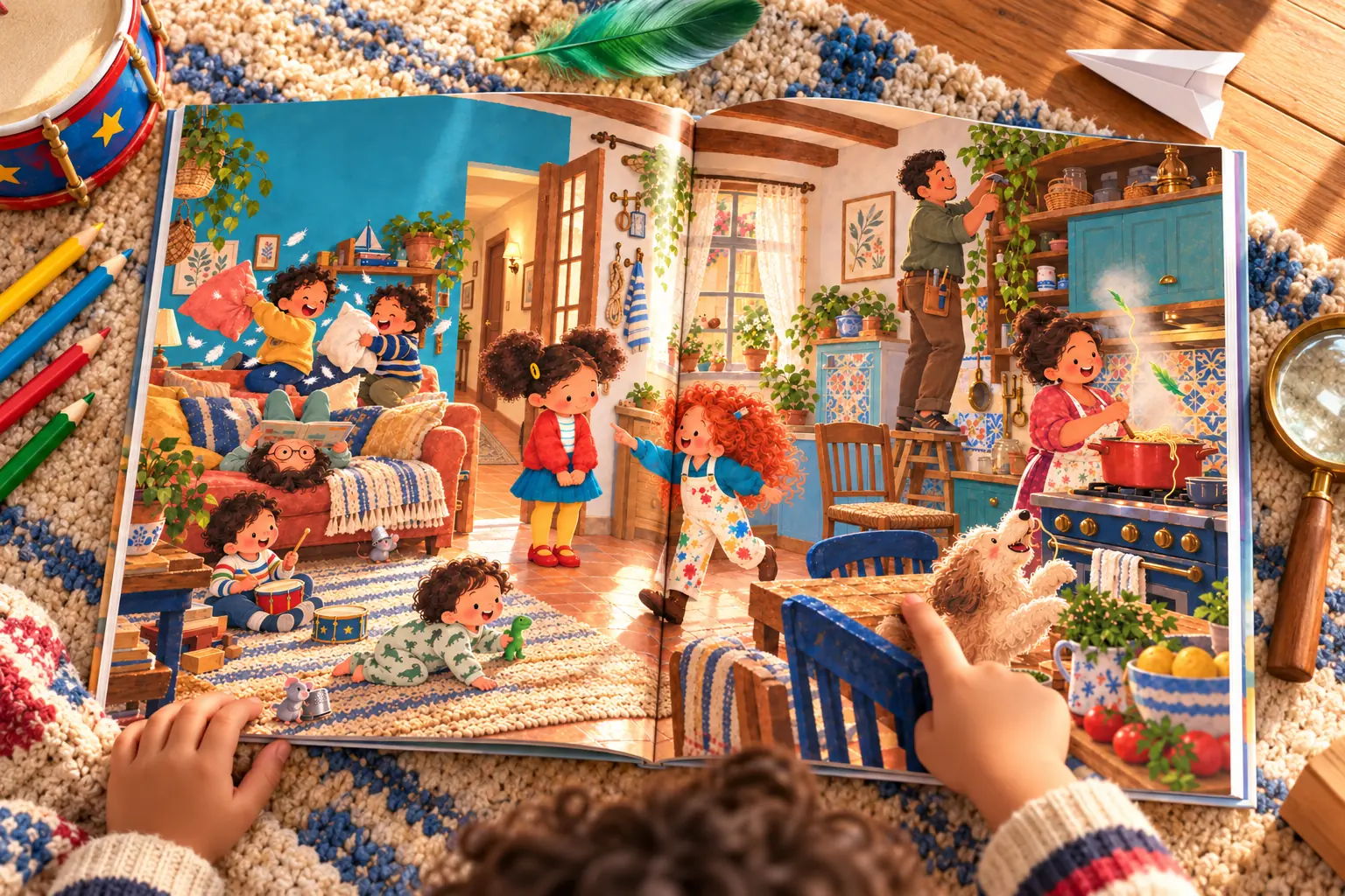 Hands holding the open book, a magnifying glass over a hidden detail