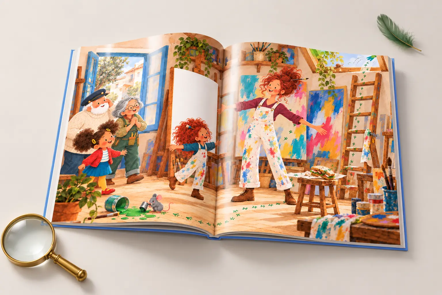 The book open at the painter’s studio spread, with a magnifier and a green feather