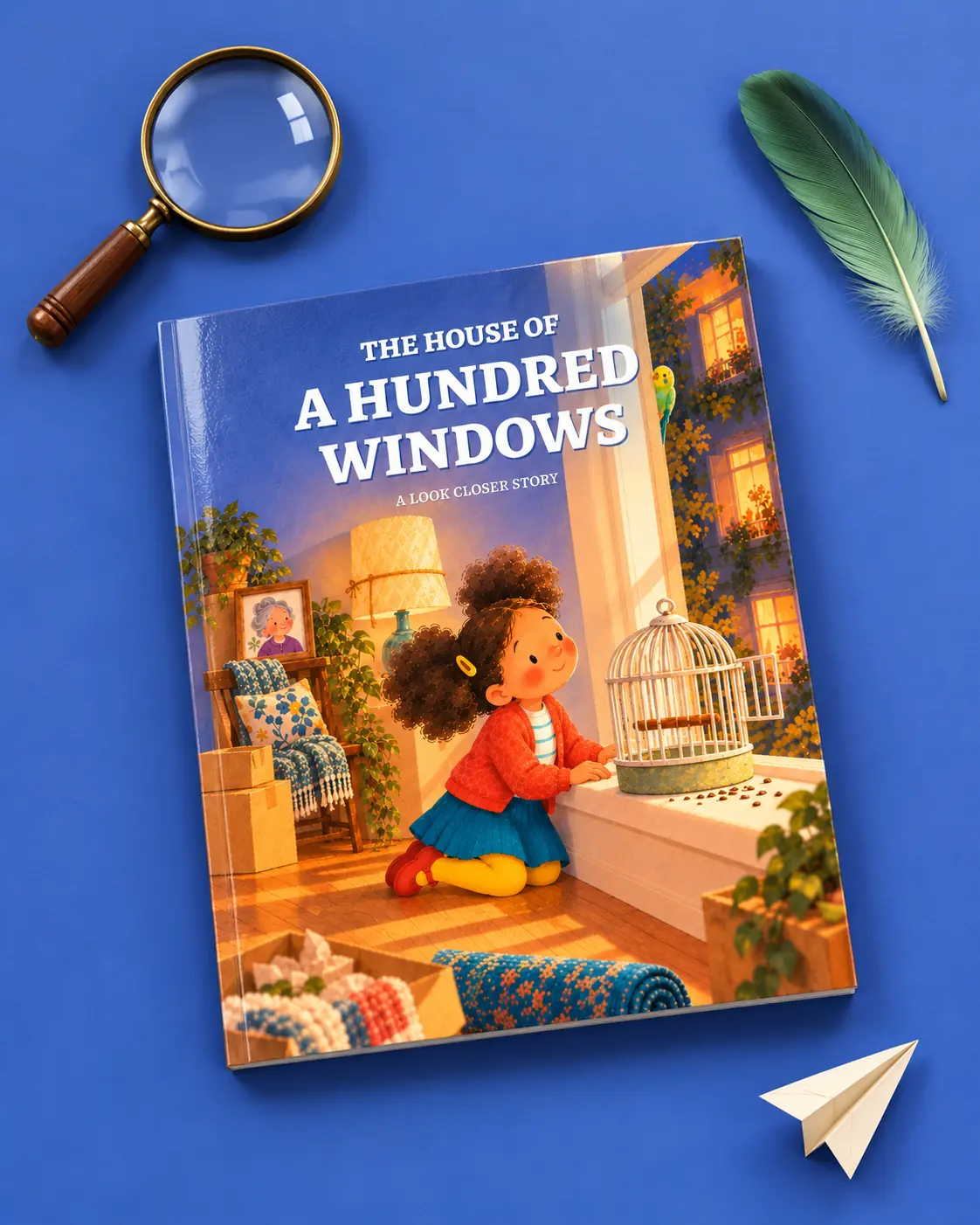 The cover of The House of a Hundred Windows with a magnifier, a feather and a paper plane